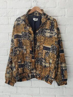 Vintage 100% Silk Bomber Jacket 1X by 80's Nouveau Monde Zip Abstract Multicolor